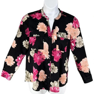 Calvin Klein Women L Black Pink Floral Button-Up Blouse Long Roll Tab Sleeve Top